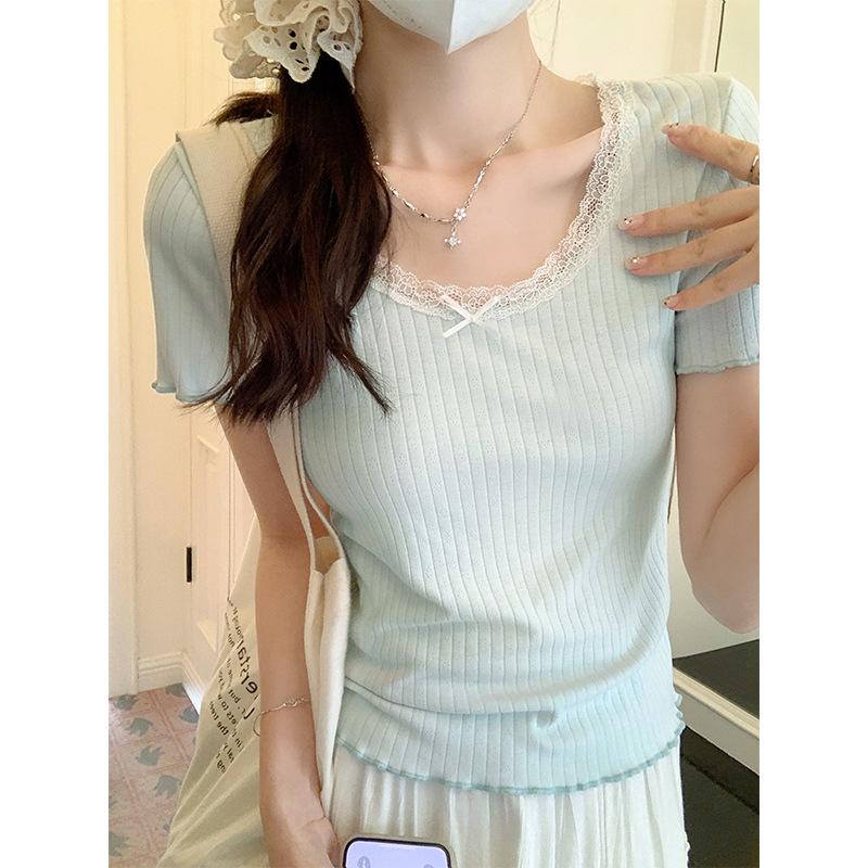 

Blue Bowknot Lace Trim Short Sleeve Knitted T-shirt - Women s Sweet & Spicy Summer U-neck Top One Size (up to approximately 125 lbs) зелёный