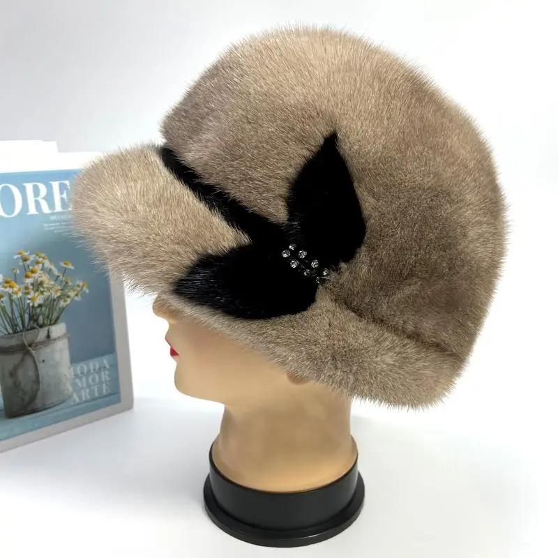 Genuine Mink Fur Hat Women's Luxury Winter Warm Fedora Brim Hats Stylish Outdoor Snow Natural Real Fur Hat
