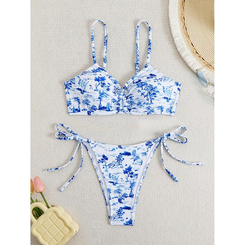 

Женский раздельный купальник из двух частей, женский купальник с открытой спиной, купальники пуш-ап, женский купальный комплект с цветочным принтом L синий