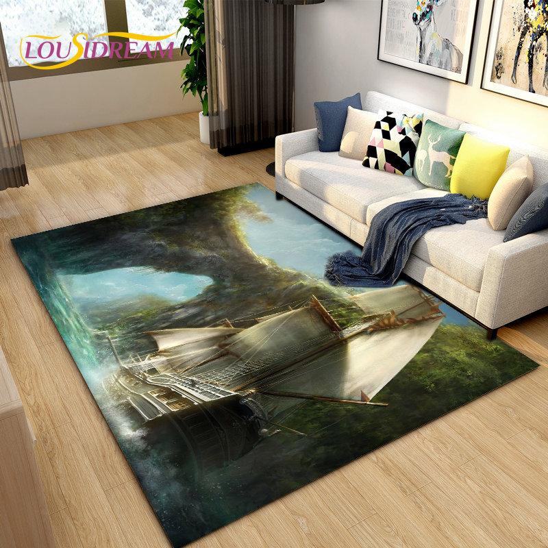 Sea Monster, Boat Ship Barque Area Rug Large,Carpets Rug for Living Bedroom Sofa Doormat Decoration,Kids Play Floor Mat
