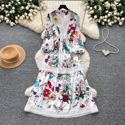 2026 Nieuwe Bloemenprint Kant Patchwork Maxi Jurk Dames Elegante V-hals Lange Mouw Wit Casual Feest Lange Jurken Boheemse Jurk