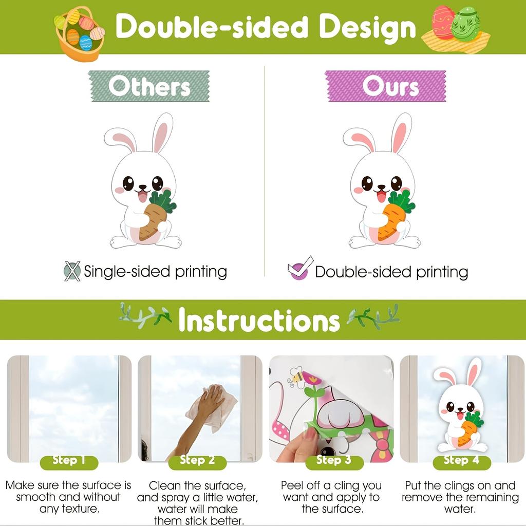 137pcs-Easter Static Window Stickers, Rabbit Egg Double-sided Decorative Window Stickers, Holiday Window Decoration Stickers