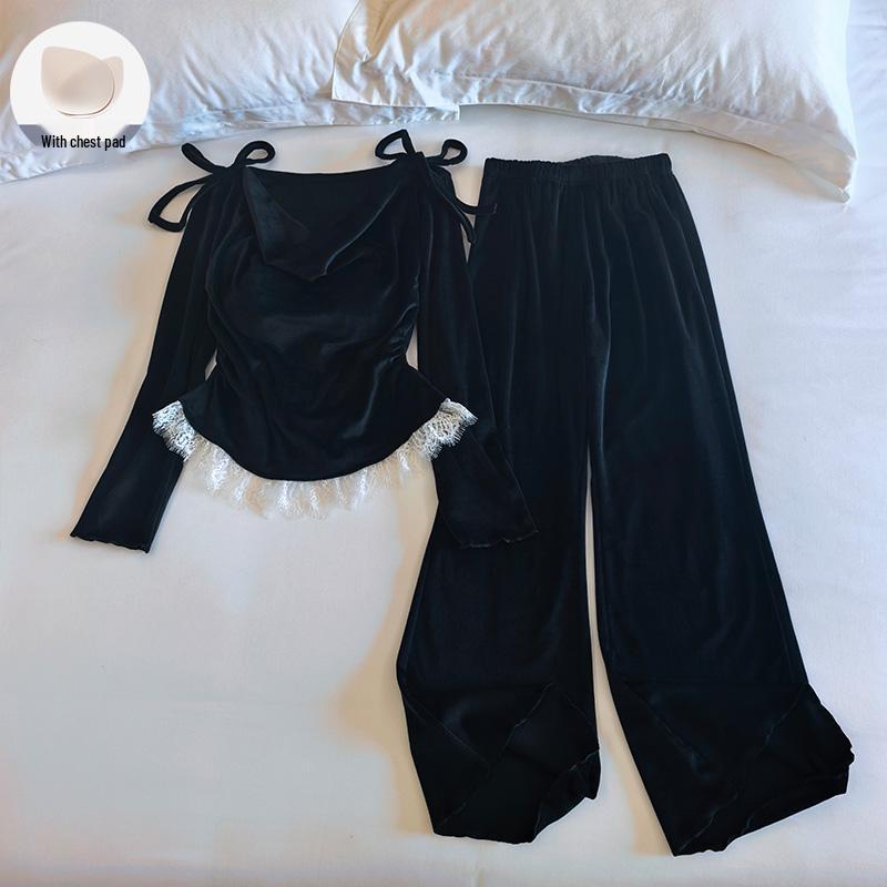Women's French Lace Floral Long Pajama Set - Sea Island Velvet, Long Sleeve & Pants for Seasons