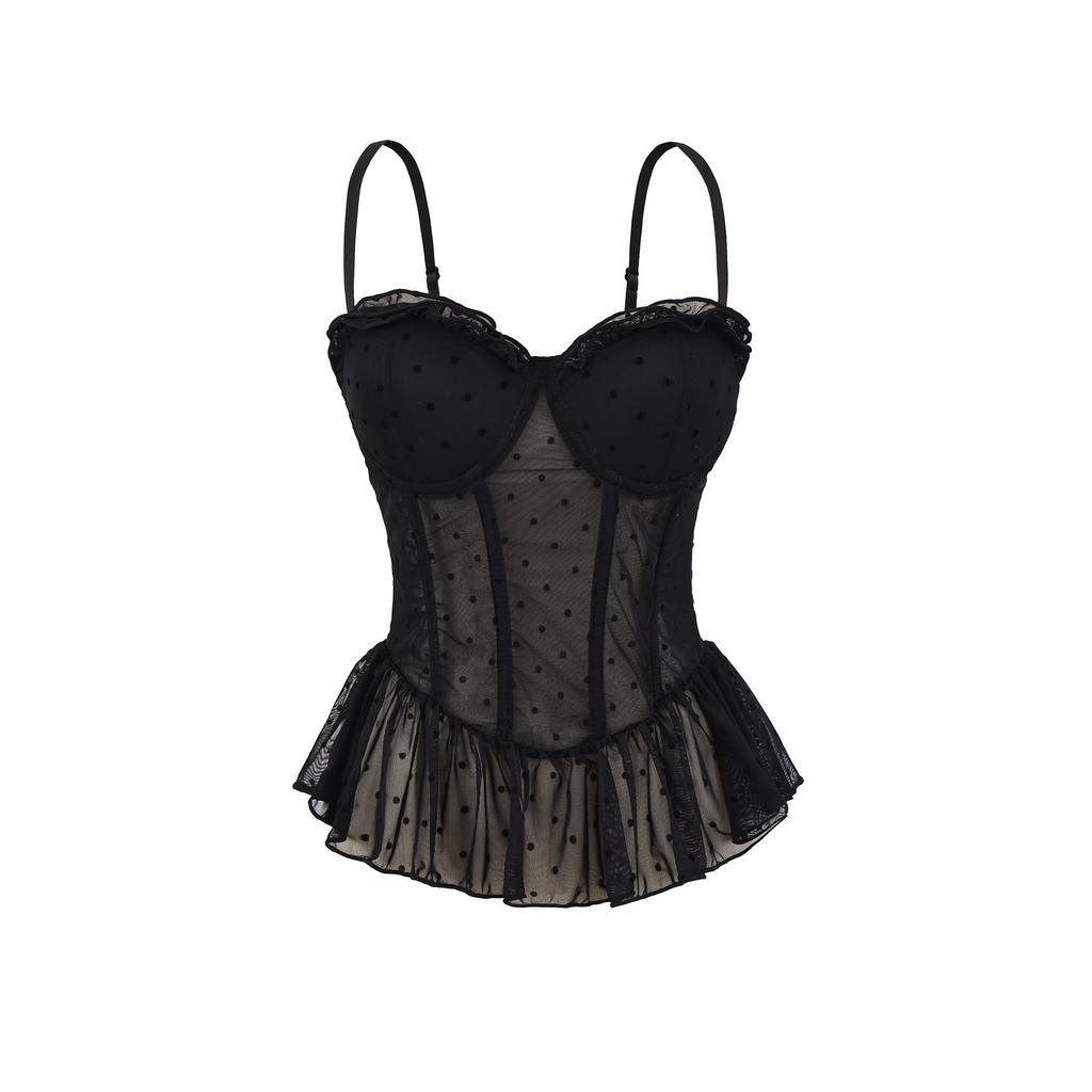 French Girl Polka Dot Waist-Cinched Mesh Bandeau Camisole – Slim Sleeveless Summer Top