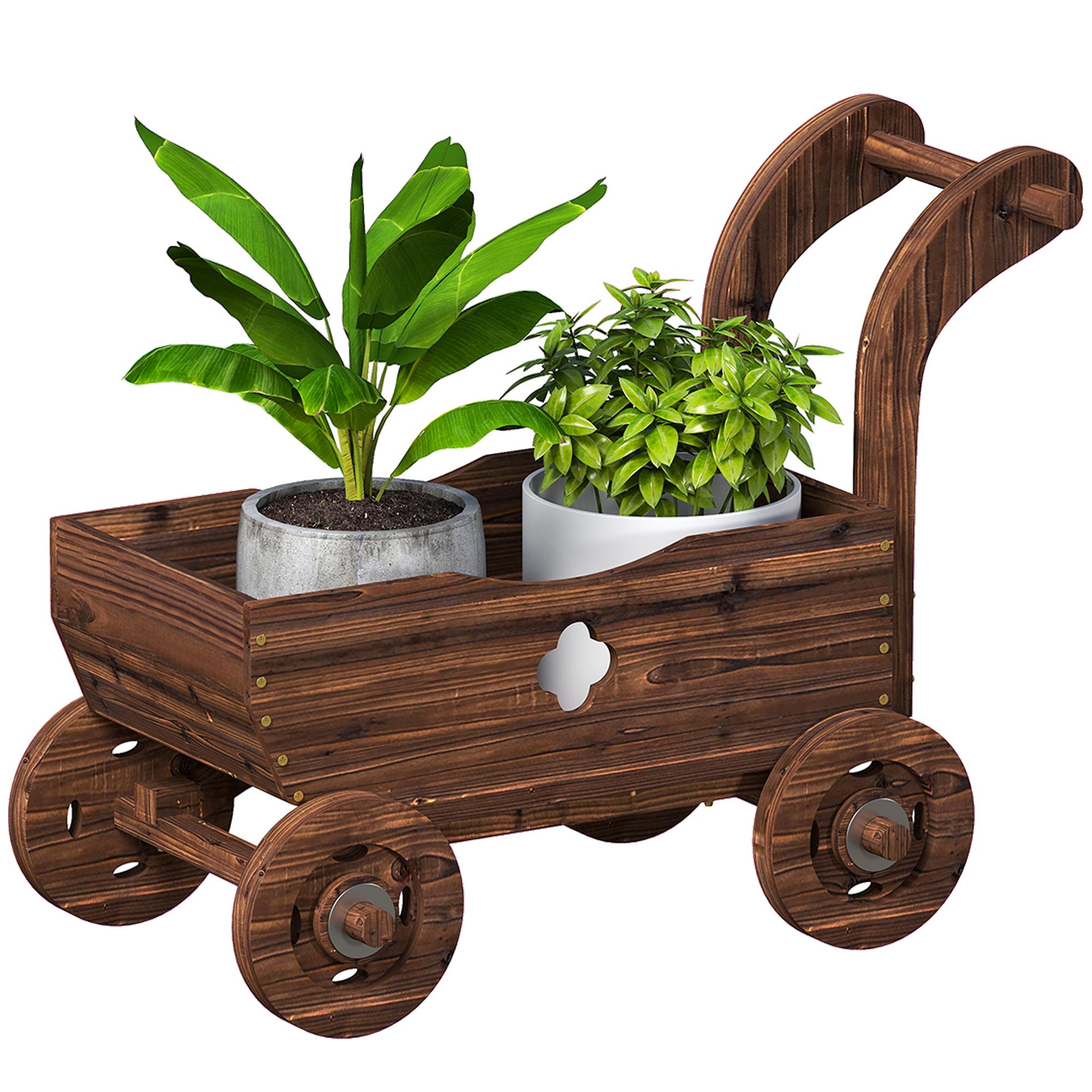 Wooden Cart Planter with 4 Wheels