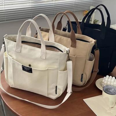 Large Capacity Multi Pocket Canvas Tote Bags Fashionable Casual Crossbody Handbags Reusable Women Shopping Bag Messenger Bag
