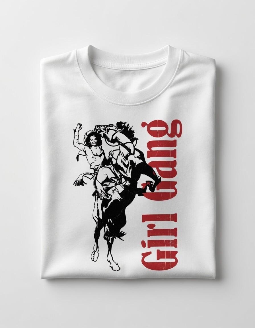 Girl Gang T-Shirt | Cowgirl Rodeo Shirt | Western Bucking Horse Graphic Tee M
