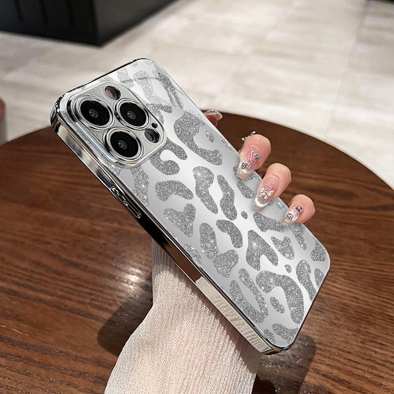 Luxury Sparkly Leopard Hard Case for iPhone Silver Glitter Animal Print Design Smooth Gloss Surface Anti‑Scratch Phone Cover