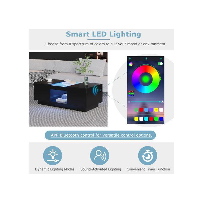 Table basse noire 100x50x35,5 cm - avec couvercle en verre, éclairage LED, 2 tiroirs et 1 compartiment ouvert