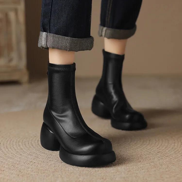 

Осень и зима Новые стили мода Высокие каблуки Женские сапоги на молнии с круглым носком Квадратный каблук Современные сапоги высотой 6 см Размер 34-43 40