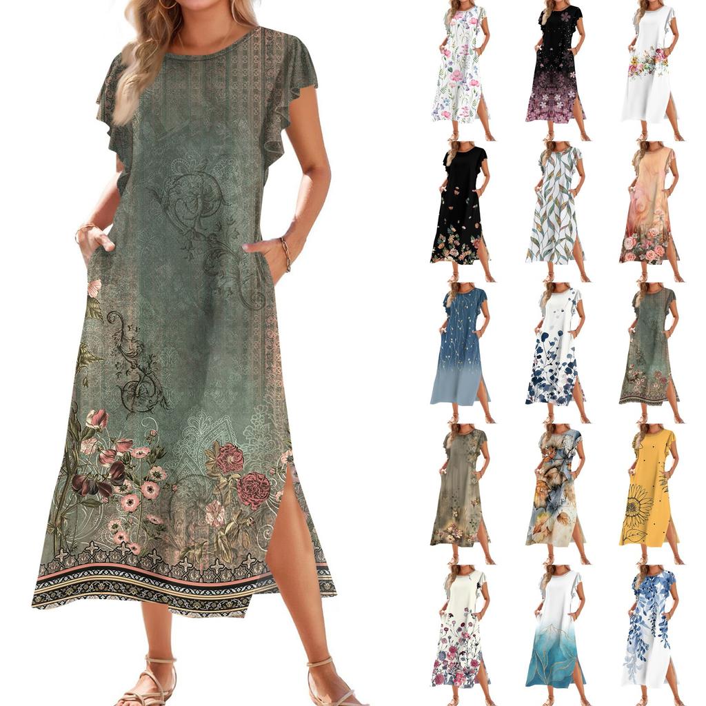 Ladies' Fashionable Summer Casual Pleated Sleeves, Loose Retro Floral Print, Short Sleeves, Round Tie, Pocket Beach Dress