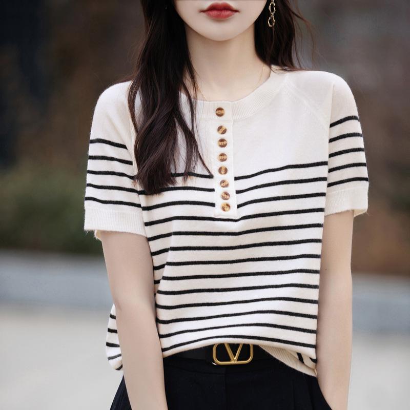 Summer fashion loose striped short-sleeved T-shirt women's contrasting color half-open neck knitted half-sleeved women's top