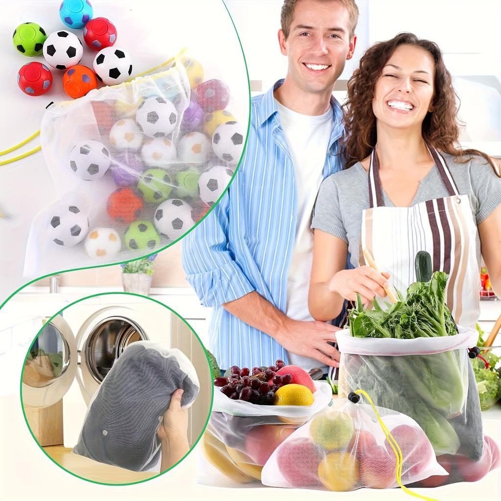 6pcs Mesh Storage and Organizer Bags, Washable Shopping Bags for Toy, Fruit and Vegetable Storage, Drawstring Reusable Mesh Bags