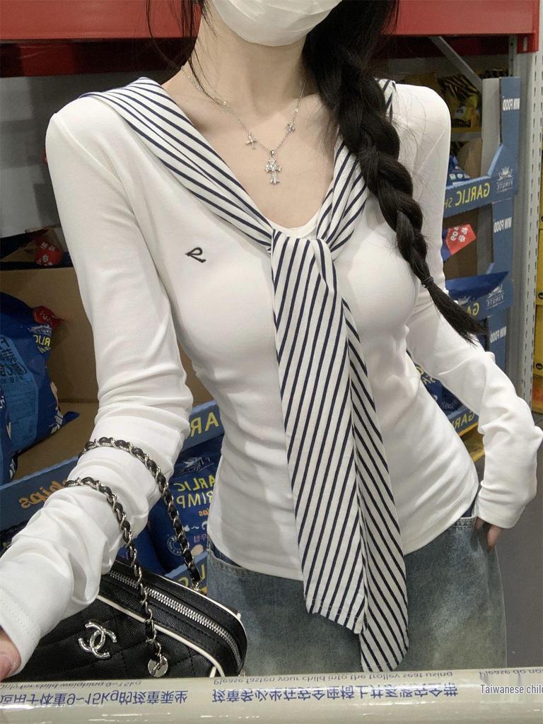 Korean Style Bow Embroidery Long Sleeve Slim-Fit Rayon T-Shirt for Women - Autumn Collection