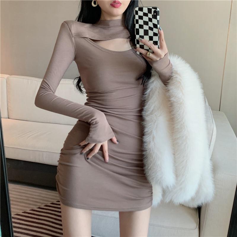 2026 Spring and Autumn Clothing New Pure Desire Sexy Hollow Slim Skinny Hip Wrap Skirt Foreign Style Folded Long Sleeve Bottom Dress
