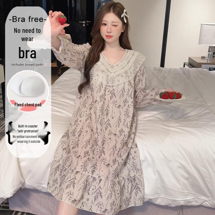 2025 V-Neck Pearl Cotton Long Sleeve Nightgown with Chest Pad – Spring/Autumn Oversized Sleep Dress for Indoor/Outdoor Wear