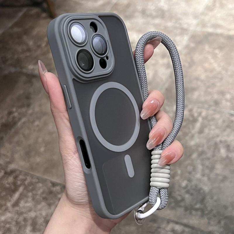 Clear Matte Magnetic Case For IPhone 16 14 13 Mini 15 12 11 Pro Max Plus Lanyard Wrist Strap Magsafe Shockproof Bumper Cover