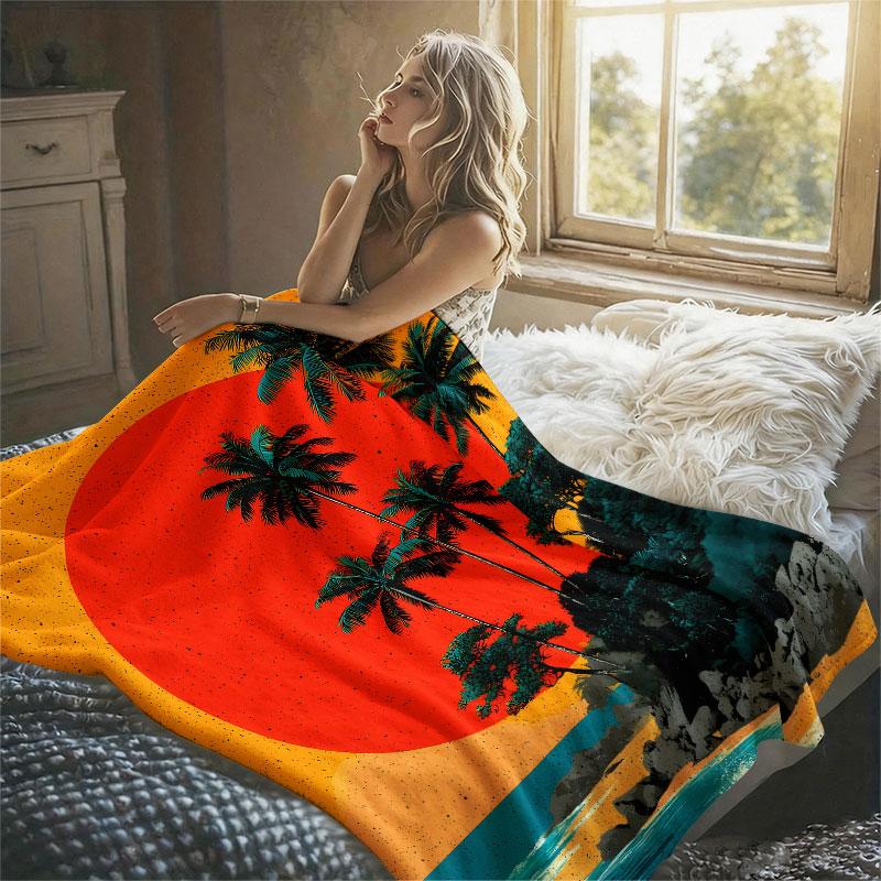 Beach Sunset Palm Surfers Flannel Blanket Perfect for Sofa Office Bed Travel Sleep Read Relax Camping Four Season Use
