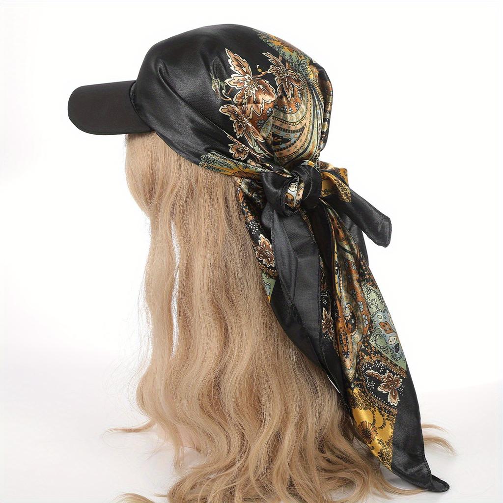 European and American colored large square scarf hat, satin simulated silk scarf, holiday headscarf with brim, one-piece headscarf hat hair accessory
