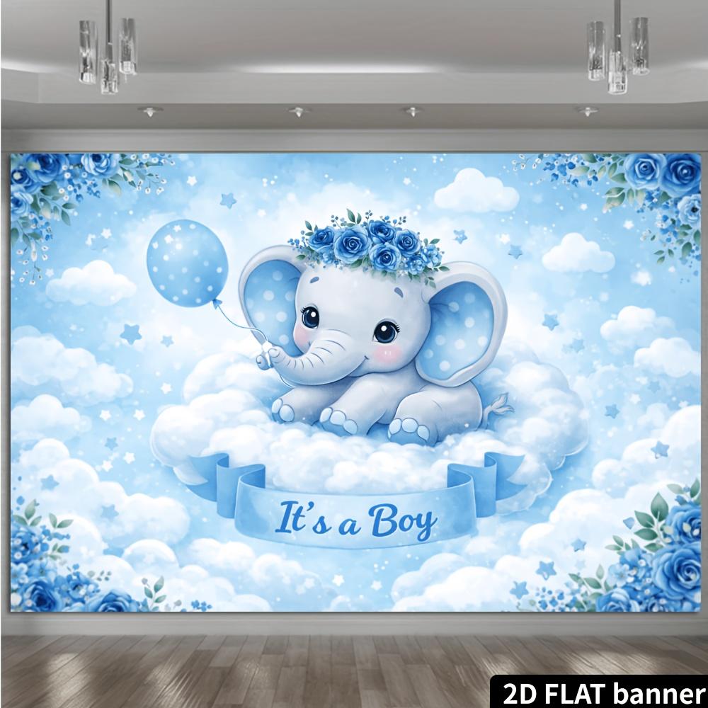 2D Plane Cloud Elephant Theme Background Cloth - Light Blue Dreamy Style  Decorated with Balloons  Stars and Blue Roses