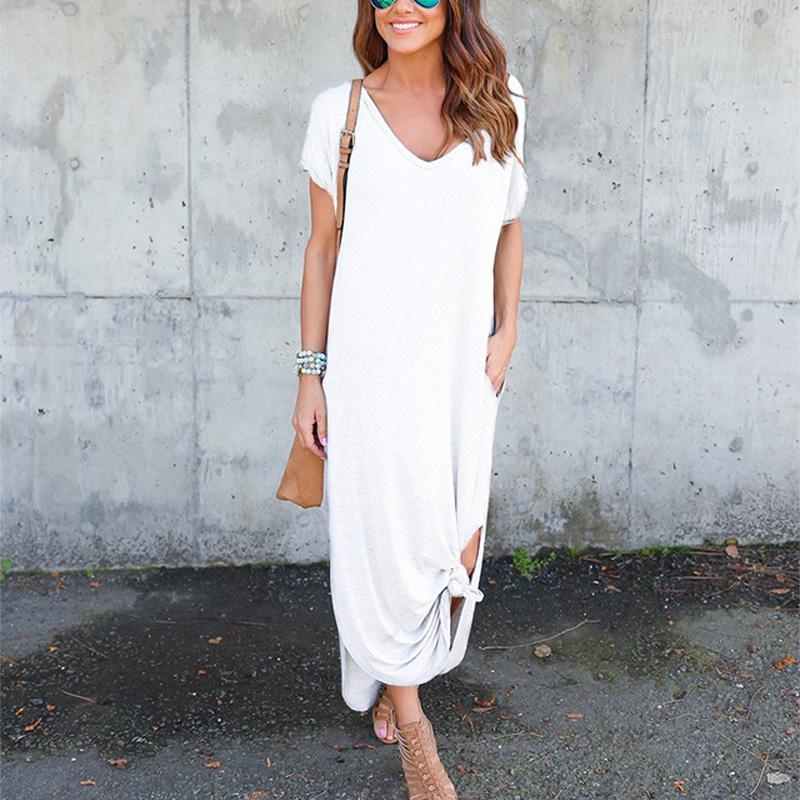 Women s V-Neck Maxi Dress with Pockets Side Slit Casual Flowy Summer Hot Sale S