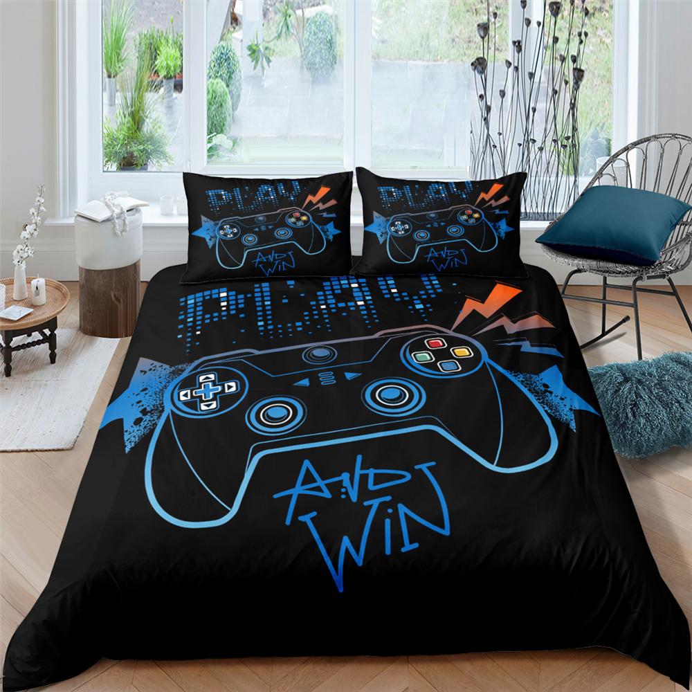 Gamer Bettbezug Set 3D Druck Jungen Spielzimmer Schwarzer Knopf mit Controller King Queen Größe für Jungen Teenager Polyester Bettwäscheset