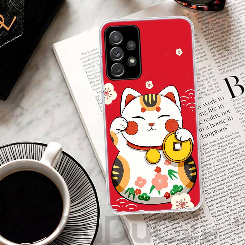 Lucky Cat Maneki Neko Japanese Cover For Samsung Galaxy A52 A42 A32 A22 A12 A02S Phone Case A50S A51 A41 A31 A21S A40 A30 A20E A