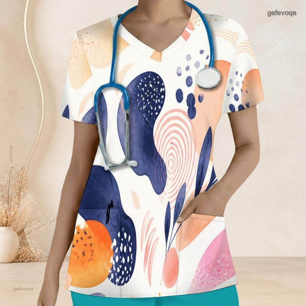 Women Plus Size Abstract Printed Nurse Scrub Top V Neck Short Sleeve With Front Pockets