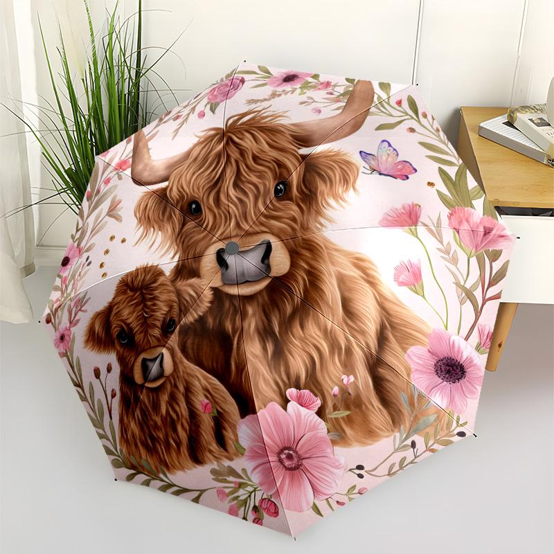 Highland Cow Floral Frame Automatic Umbrella Compact 8-Rib Lightweight Durable Plastic & Iron Travel Essential Fashion Lovers
