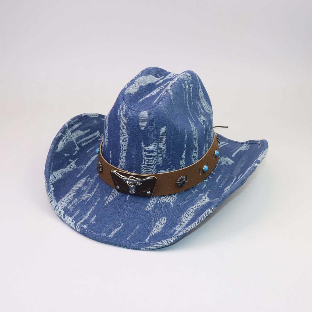 High Quality Personalized Western Cowboy Hat Fashion One-word Top Curved Brim Jazz Hat Cow Head Belt Accessories Top Hat