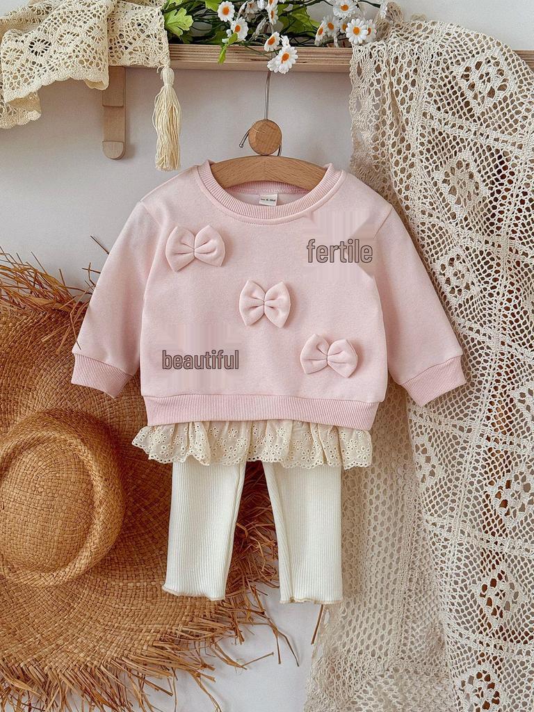Korean Style Spring/Autumn Bow Knitwear Two-Piece Set for Infants and Toddlers - Stylish Children's Wear 2026 Collection