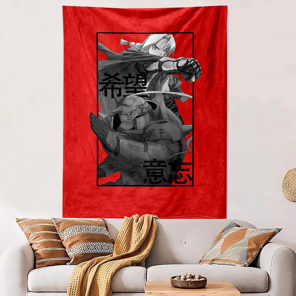 "Anime Duo on Red Background" Patterned tapestry home decor, suitable for bedroom and living room, gift