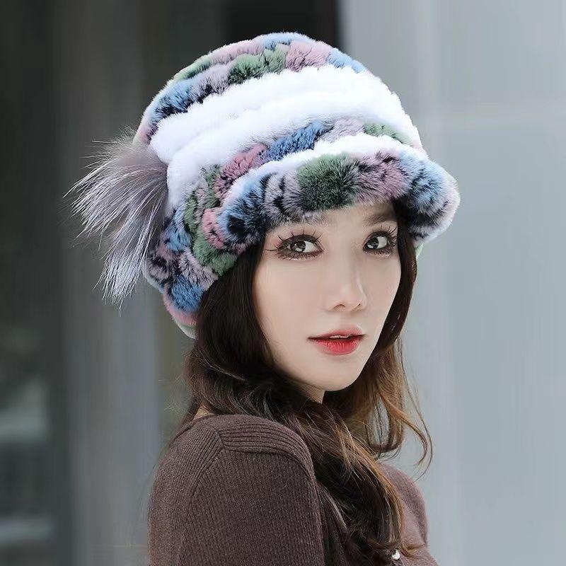 Rex Rabbit Fur Hat Genuine Fur Ear Protection Thick Warm Fashionable Fox Fur Flower Duckbill Cap New All-match Autumn and Winter Women's Hat