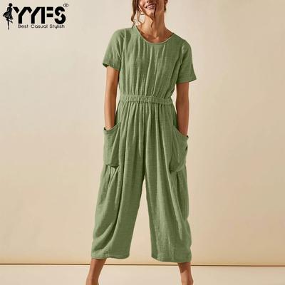 Damenmode Lässig Sommer Frühling Einfarbig Druck Kurzarm O-Ausschnitt Hohe Taille Hosen Overalls & Strampler