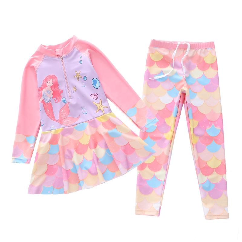New CPC-Certified One-Piece Girls Swimsuit: Long-Sleeved, Medium & Large Sizes, with Extended Trousers XL (100-110cm, 32-39kg)