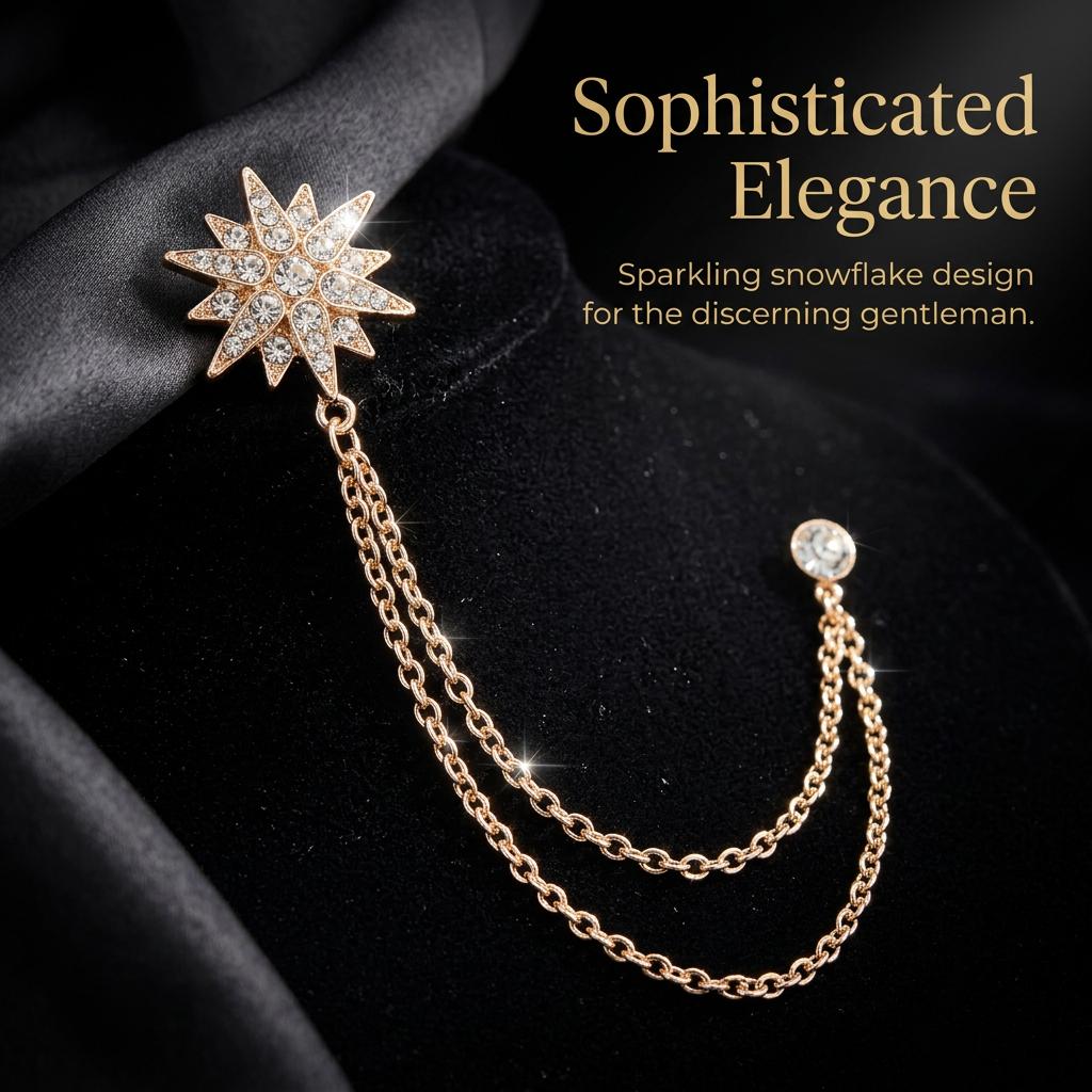 Star Lapel Pin Brooch with Tassel Chain, Rhinestone Embellished for Men's Suits, Alloy