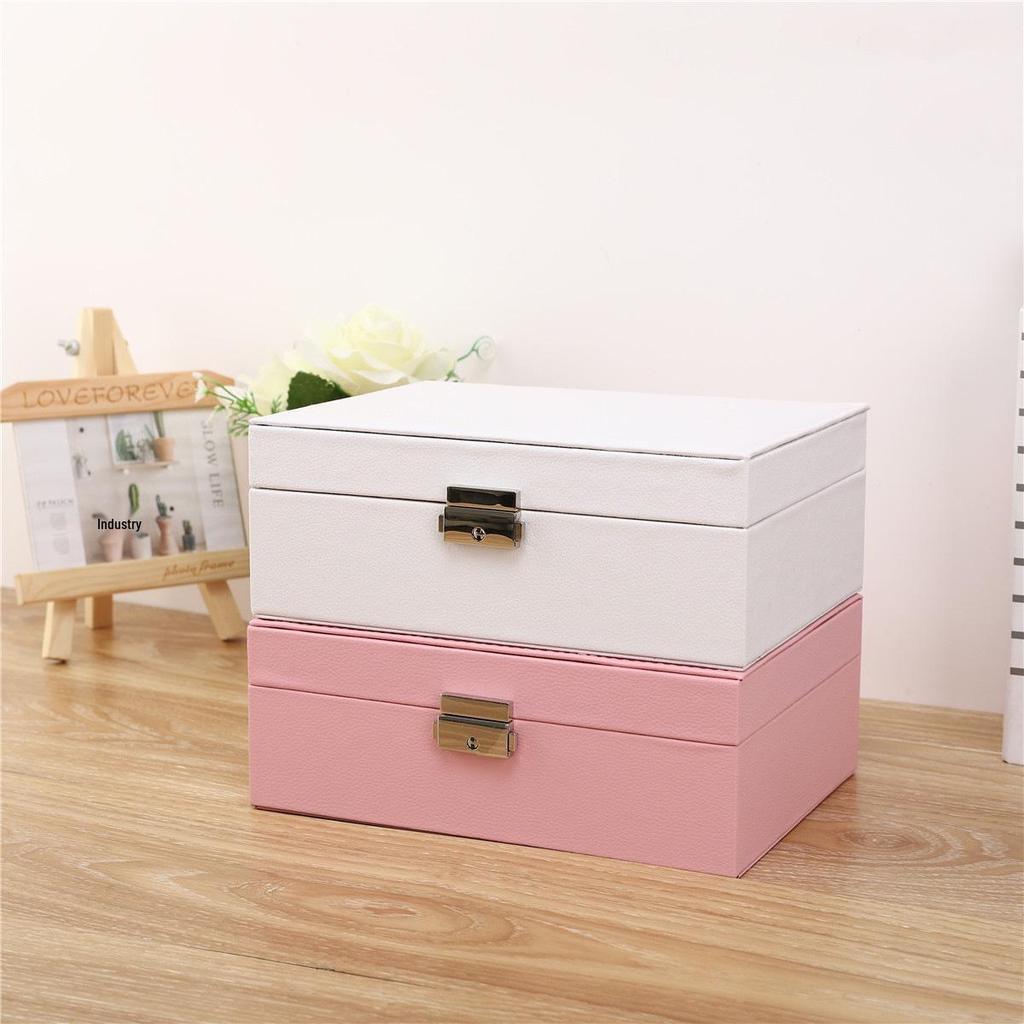 Double-Layer Large-Capacity Jewelry Storage Box with Lock - Wooden PU Leather Design