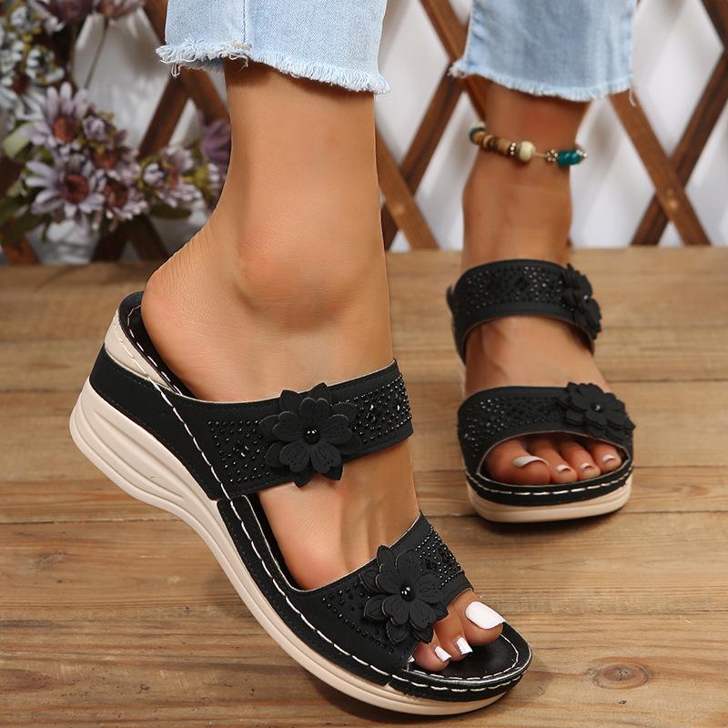 Foreign trade large size summer new women's shoes slope heel cool slippers hollow flower women's shoes high heel sandals