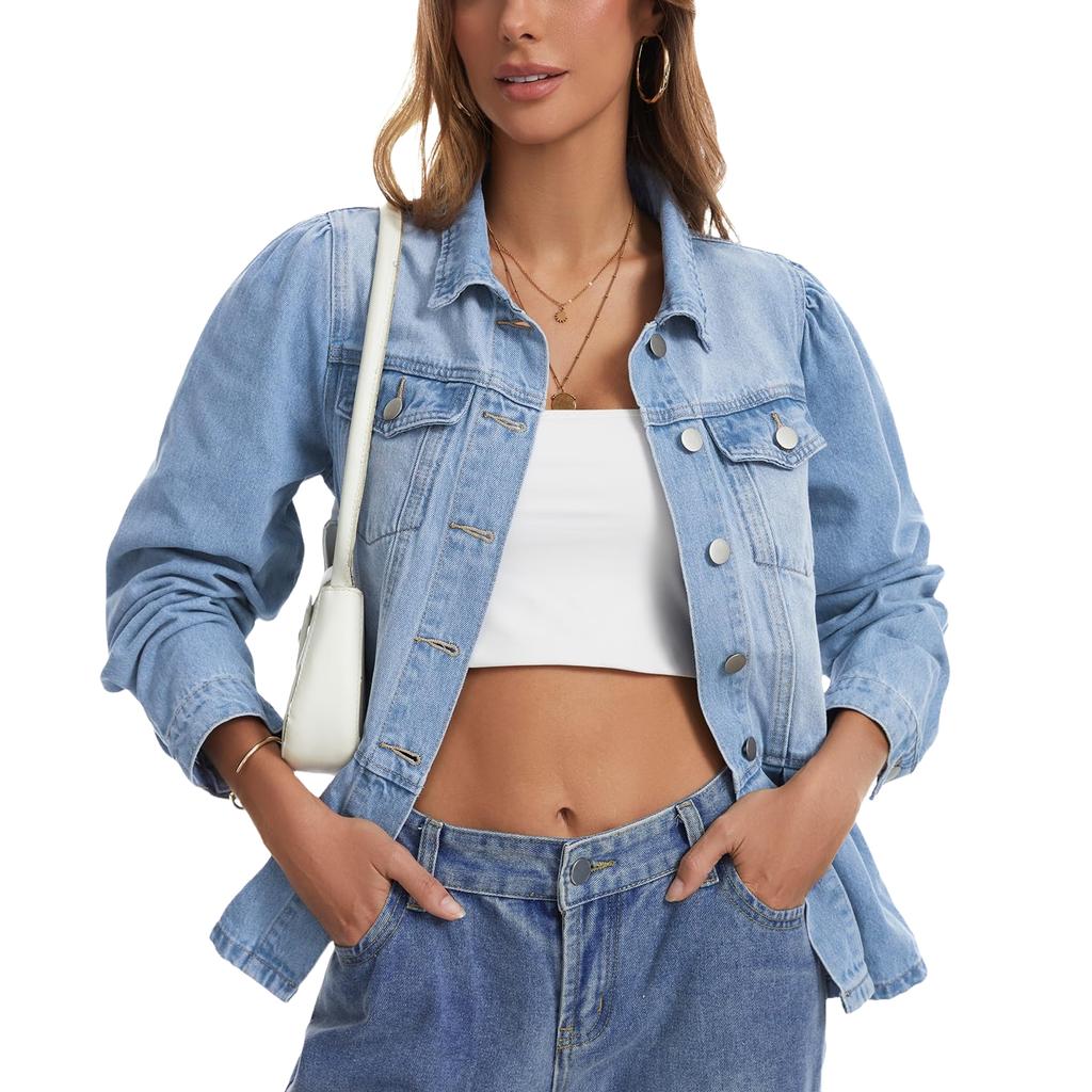 Women's Trendy Denim Jacket with Ruffle Trim, Fitted Waist and Multi-Pocket Utility