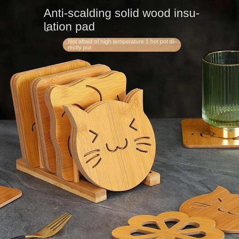Cartoon Hollow Wooden Coasters Kitchen Tableware Thickened Anti-scalding Heat Insulation Wooden Non-slip Pan Bowl Pad