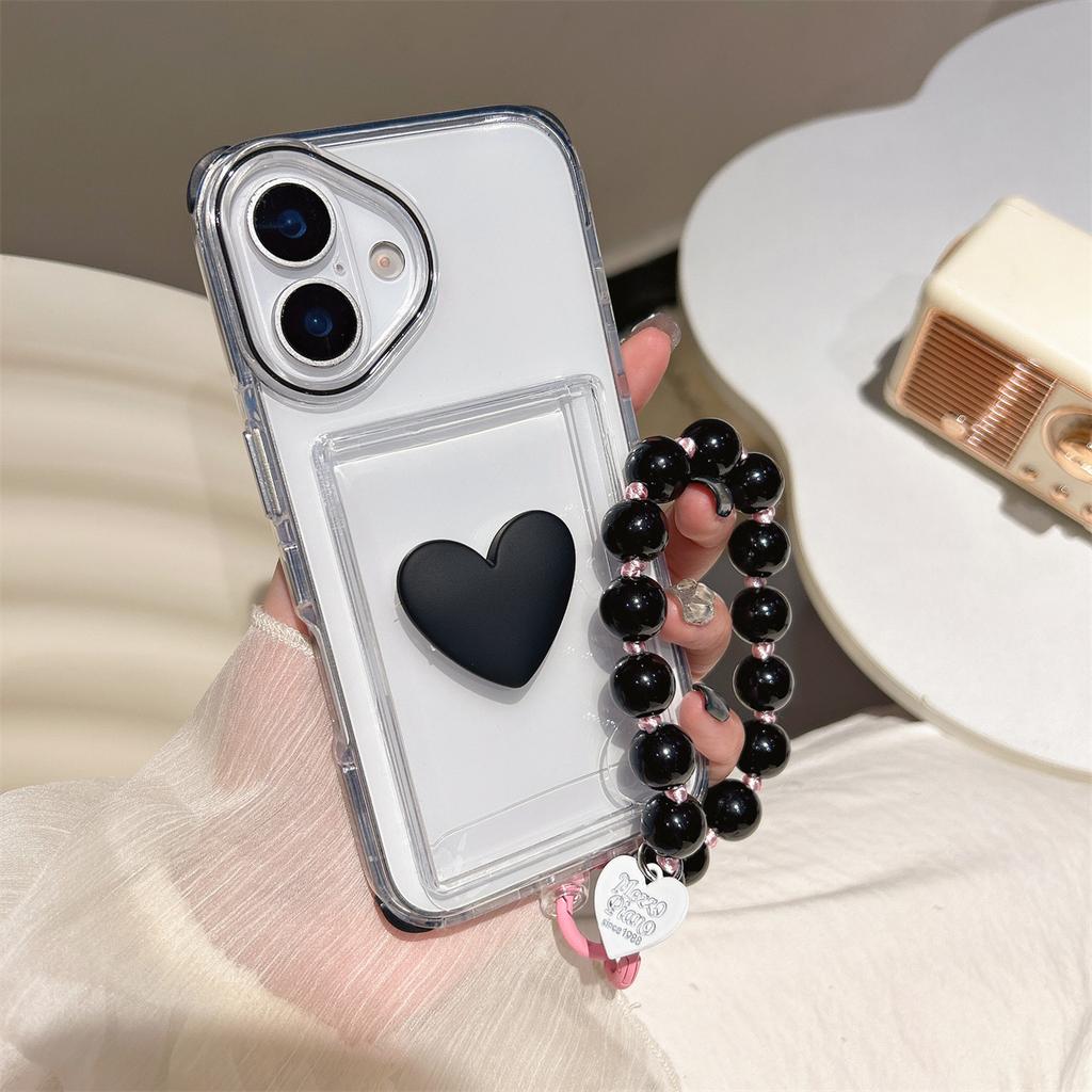 For iPhone 15 Pro Max 16 Plus 14 Protection Heart Love Texture Bracelet Protector Mobile Phone Case Card Slot Plastic Cover