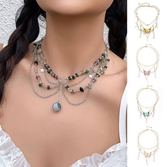 Dámský náhrdelník Vícevrstvý řetízek Imitace perel Dekor Motýli Přívěsek Choker náhrdelník Nastavitelná délka Šperky na krk