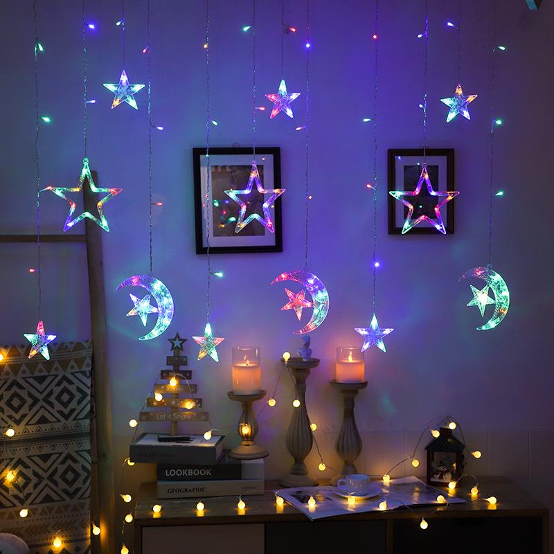 Solar & USB Star Moon Curtain LED Lights with Remote for Christmas & Festive Decoration 3.5m 220V Plug-in