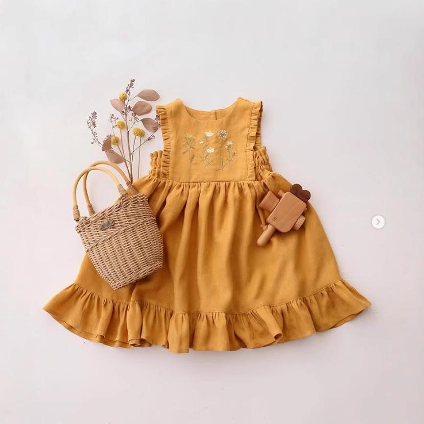 Girls' Summer Pastoral Style Ruffled Sleeve Embroidered Floral Dress
