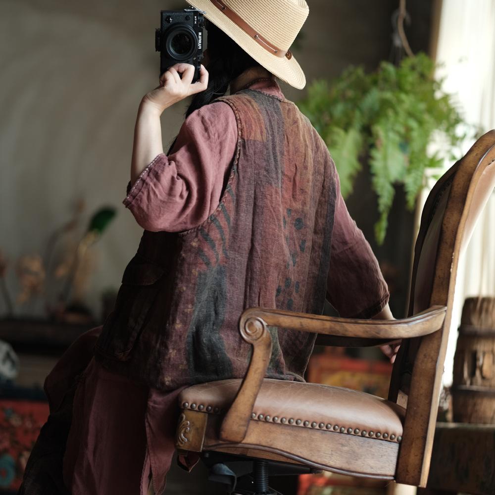 Johnature Damen Vintage Print Blumen Westen Mäntel V-Ausschnitt Ärmellos Knopf Patchwork Taschen Herbst Plus Baumwolle Westen