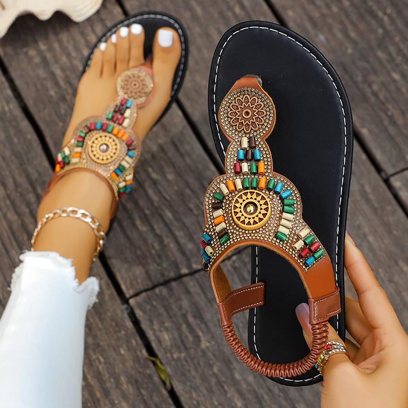 Bohemian Stijl Kleurrijke Kralen Platte Sandalen Dames Zomer Clip Teen Romeinse Sandalen Vrouw Antislip Strand Slippers 39 black