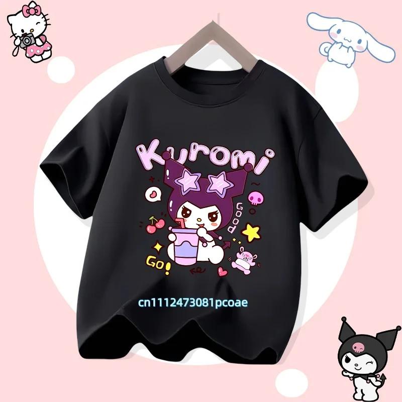 Kuromi Children's Pure Cotton Short-Sleeved Girls' Casual Shirt - Summer T-Shirt with Cartoon Print- Three Little Monkeys Series