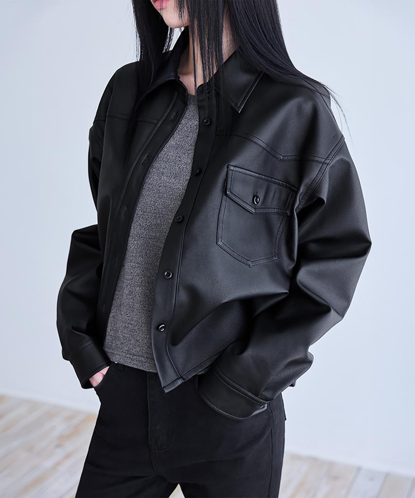 Londonda Faux Leather Shirt Jacket, Black