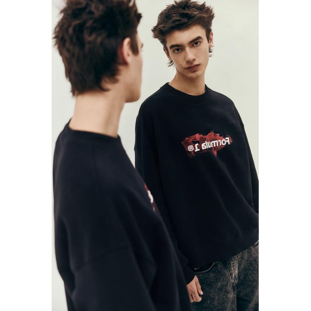 H M Oversized Fit Print sweatsHirt Black forMula 1