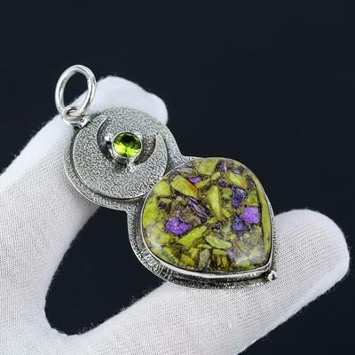 Pendentif Mystique en Atlantisite Cuivrée, Pendentif en Pierre Précieuse Péridot, Pendentif en Argent Sterling 925, Collier Fait Main, Bijou en Cristal de Guérison Pour Cadeaux